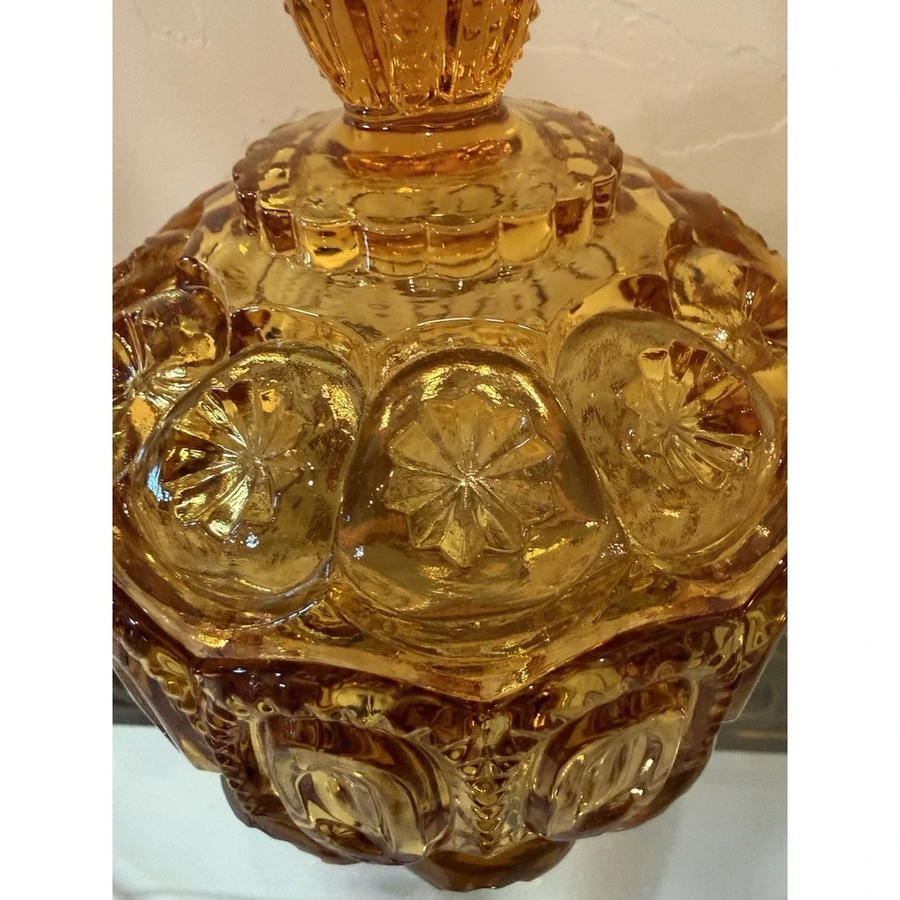 Vtg LE Smith Moon and Stars Amber Glass Jardiniere Covered Biscuit Cookie Jar